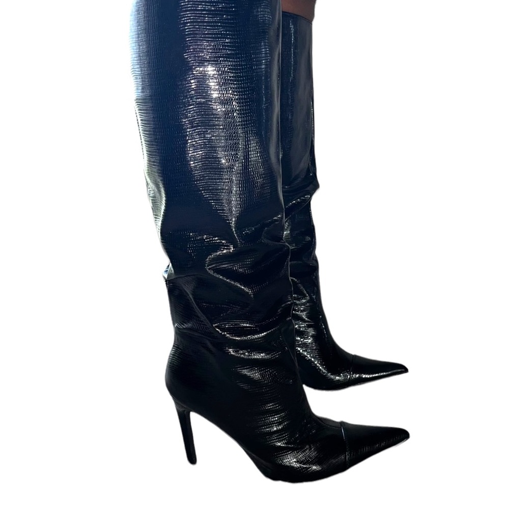 Black Croc print Calf High Boot